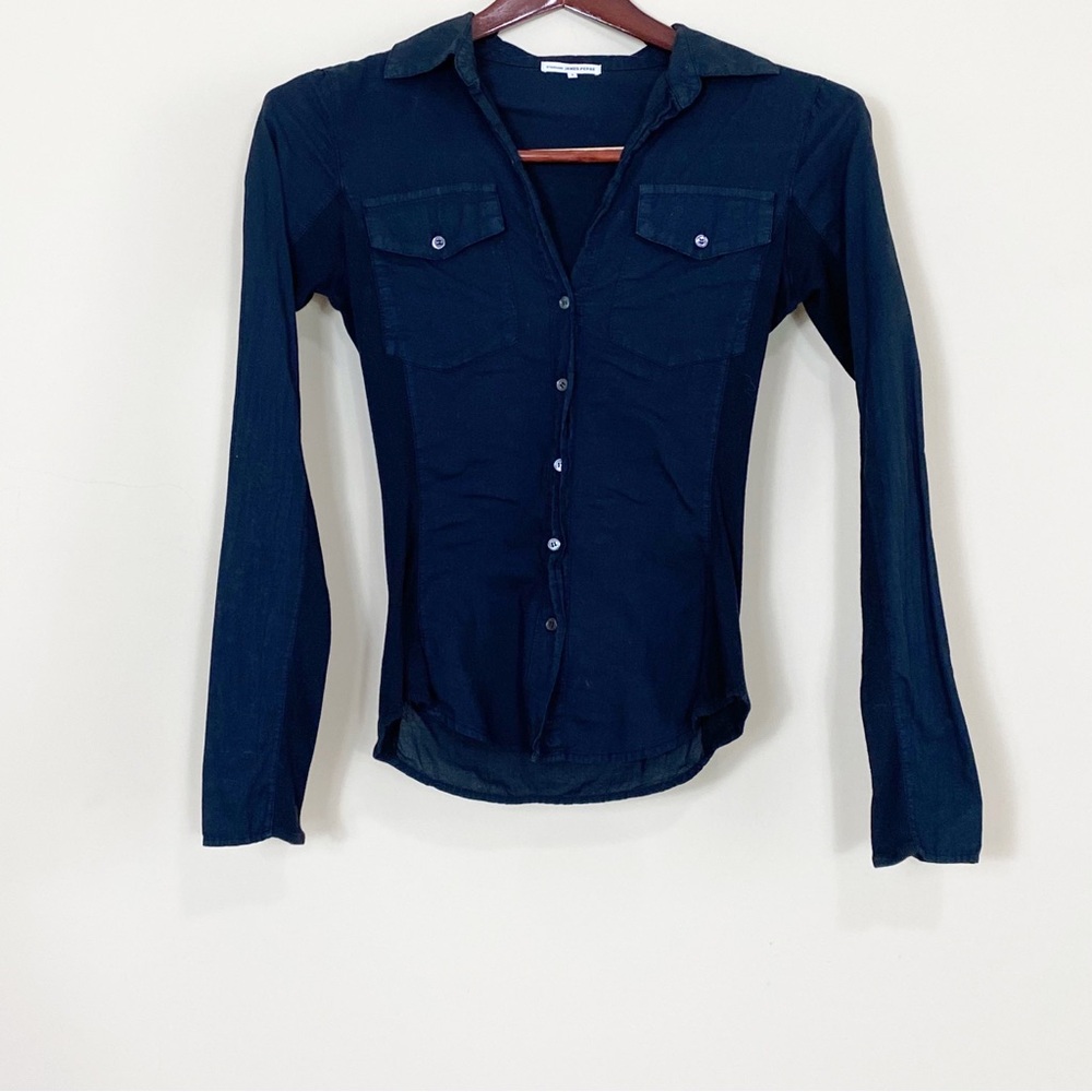 James Perse Business Office Corporate Long Sleeve Button  Top Blck Top Size S - Picture 2 of 11